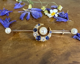 9ct Gold Crescent Moon Brooch: Sapphire, Diamond & Pearl Celestial Pin