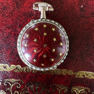 Antico orologio da taschino svizzero in smalto guilloché rosso oro 14 carati