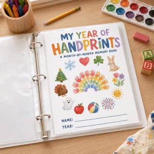 May include: A white memory book page titled MY YEAR OF HANDPRINTS in colourful letters, featuring watercolour illustrations of a rainbow made of handprints, a snowflake, heart, clover, bunny, tree, turkey, ghost, apple, ball, sun, and fireworks.