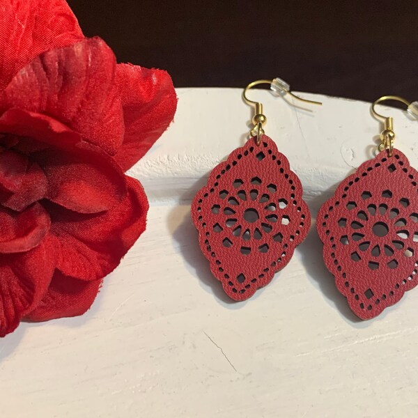 Burgundy Faux Leather Cutout Earrings