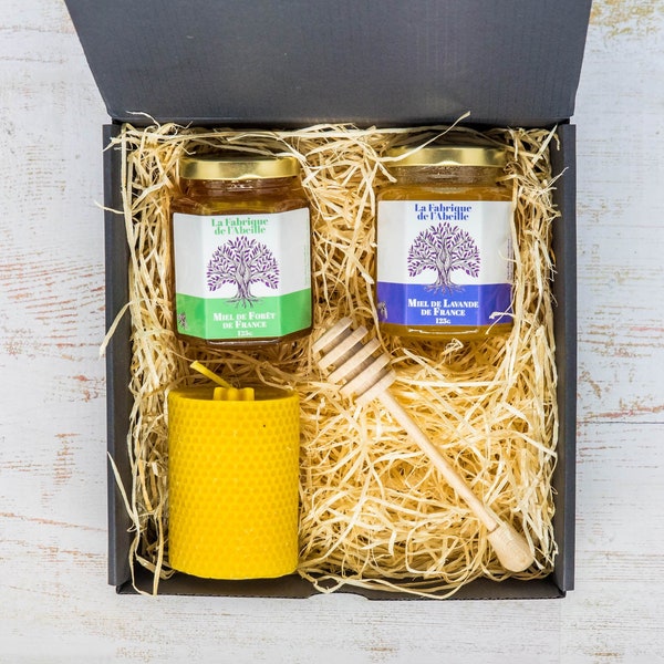 Coffret miels et bougies en cire d'abeille