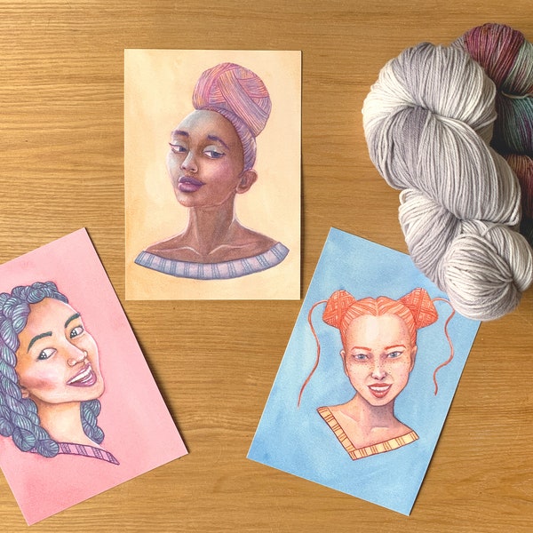 Yarnhead series - print discount pack | yarnlover illustration | original watercolor painting print | yarn art gift
