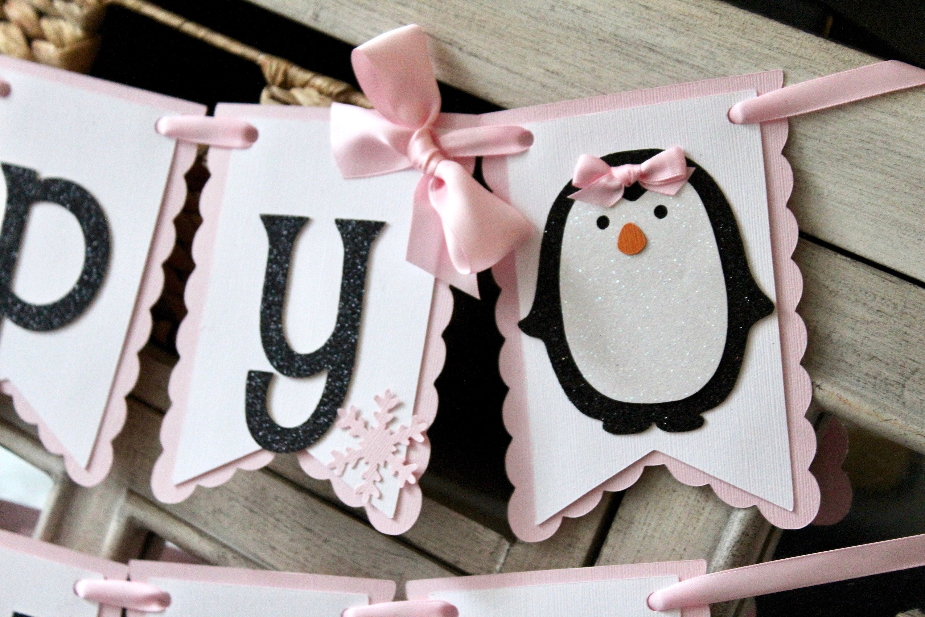 Penguin Party Pink Happy Birthday Banner - Foldable Pennant Decor