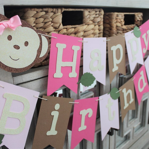 Girl Monkey Birthday Party, Monkey Birthday Decorations, Monkey Birthday High Chair Banner, Wild One Birthday,  Girl Monkey Banner
