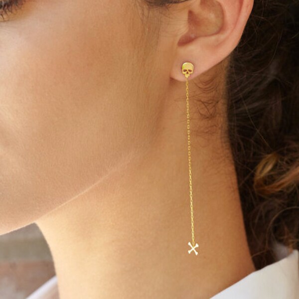 14k Gold Earrings | Cross bone | Drop Dangle Stud Earrings | Bone Pirate | Minimalist Jewelry | Gift for Her | Skull  Crossbone | Bridesmaid