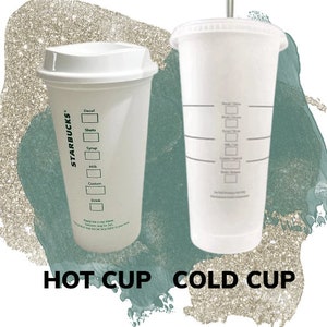 May include: Two white Starbucks cups, one for hot drinks and one for cold drinks. The hot cup has a lid and markings for decaf, shots, syrup, milk, custom, and drink. The cold cup has a straw and markings for ice, milk, and syrups.