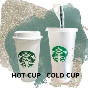 May include: Two white Starbucks cups, one labelled "HOT CUP" and the other "COLD CUP". The hot cup has a lid and the cold cup has a straw.