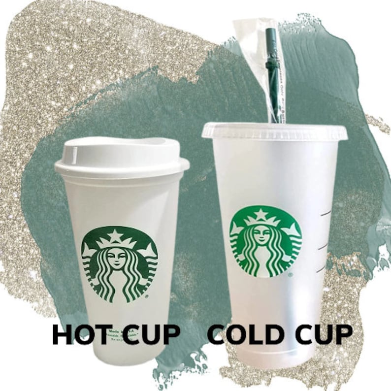 May include: Two white Starbucks cups, one labelled "HOT CUP" and the other "COLD CUP". The hot cup has a lid and the cold cup has a straw.