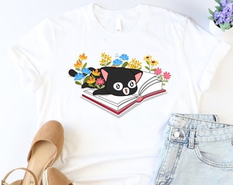 Cute Book Cat Shirt, Floral Book Shirt, Book Lover Shirt, Reader Cat Shirt, Cat Mom Shirt, Reading Cat Shirt, Animal Lover Bookworm Tee, Mom
