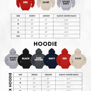 The image is a color and size chart for a sweatshirt, displaying various color options and corresponding sizes for each.