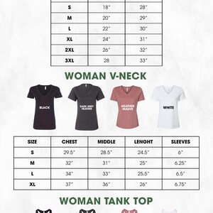 The image is a color and size chart that provides information about various clothing items, including t-shirts, tank tops, and v-necks. The chart lists different sizes and colors for each type of clothing item, along with corresponding measurements and descriptions.
