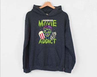Horror Movie Addict Hoodie, Horror Lover Hoodie, Scary Movie Hoodie, Ghost Story Hoodie, Spooky Halloween Hoodie, Funny Zombie Themed Hoodie