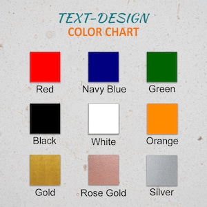 Op de afbeelding: Kleurenkaart met verschillende kleuren voor tekstontwerp. De kleuren zijn rood, marineblauw, groen, zwart, wit, oranje, goud, ros&eacute; goud en zilver.