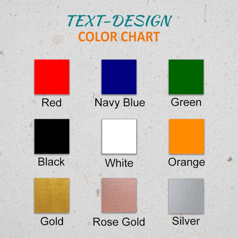 Op de afbeelding: Kleurenkaart met verschillende kleuren voor tekstontwerp. De kleuren zijn rood, marineblauw, groen, zwart, wit, oranje, goud, ros&eacute; goud en zilver.