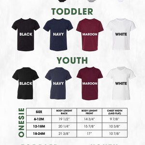 The image is a color and size chart that provides information about different types of clothing, specifically t-shirts, for children. It includes various sizes and styles, such as onesies, toddler t-shirts, and youth t-shirts, along with their corresponding body measurements and widths.