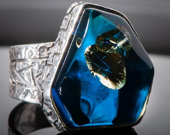 Blue Amber Ring, Baltic Amber Ring, Sterling Silver Ring, Handmade Blue Amber Jewelry, Statement Ring, Natural Amber