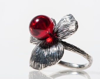 Unique Handcrafted Baltic Red Amber Flower Ring - Exclusive Natural Stone Jewelry Gift for Her