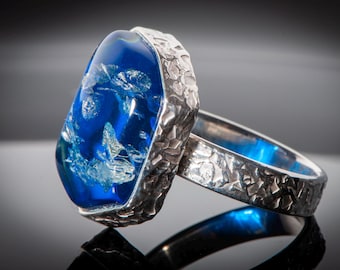 7 size ring, Blue Amber Ring With Silver Sparkles, Handmade Unique Gift Ring, Blue Amber Jewelry