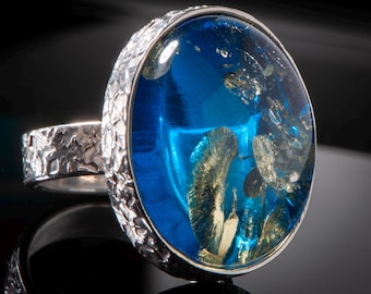 6 size ring, Blue Amber Ring, Sterling Silver 925, Blue Stone Ring, Sparkling Gemstone, Authentic Amber Jewelry