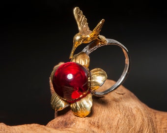 Ring &quot;Amber Hummingbird&quot;with ruby amber ball 13.5 mm, Exclusive ring with amber and extraordinary hummingbird design, Elegant amber red ring