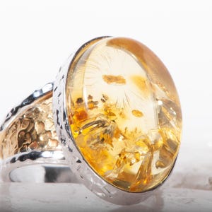 Size 7.9 US, Exquisite Handmade Amber Ring – Transparent Baltic Amber with Golden Sparkles , Gold, Rhodium & Silver Plated