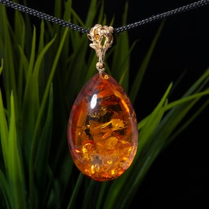 Exclusive pendant from cognac Baltic amber, Jewelry made of cognac Baltic amber, Handmade pendant from cognac amber with gold sparkly