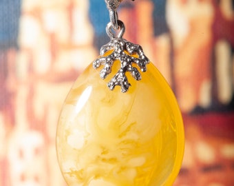 Natural Baltic Amber Pendant, Butterscotch Egg Yolk Amber, 925 Sterling Silver Jewelry, Amber Gift