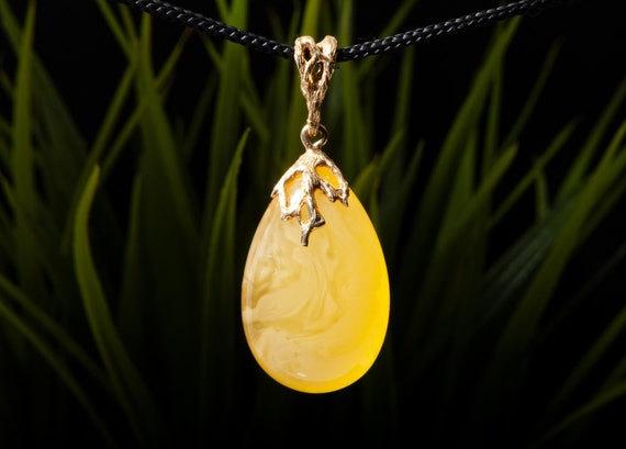 Pendentif AMBRE Jaune D'œuf - Perle En Argent 925 Plaqué Or - Ancien - Origine Lituanie