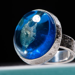 Exclusive blue Baltic  amber handmade ring, Large blue Baltic amber ring, Exclusive large blue amber ring