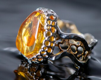 Lemon Baltic Amber Ring, Sterling Silver Gold Plated Handmade Jewelry, Natural Yellow Amber Statement Ring, Ukrainian Artisan Ring Size 8