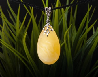 Gelber Bernstein Anhänger: Rhodium Sterling Silber, Natürlicher Edelstein