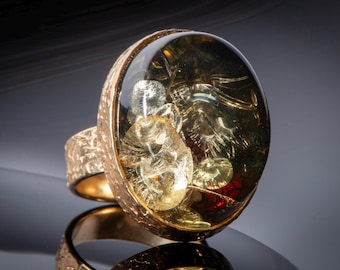 6.5 size ring, Unique handmade green amber ring with beautiful glitters, Exclusive ring made of natural green amber