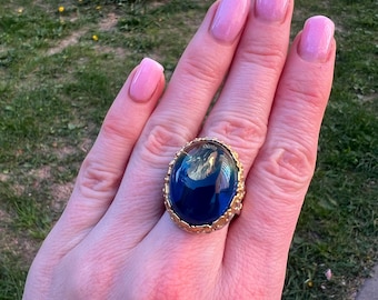 8,5 size ring, Blue Baltic Amber Ringб Handmade Unique Gemstone Jewelry Perfect Gift for Her, Exclusive Statement Design, Amber shop