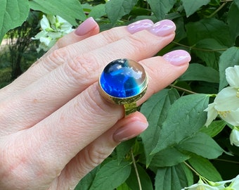 Handmade baltic blue amber ring,  Exclusive natural blue amber ring, A gift that will impress: Handcrafted blue amber ring