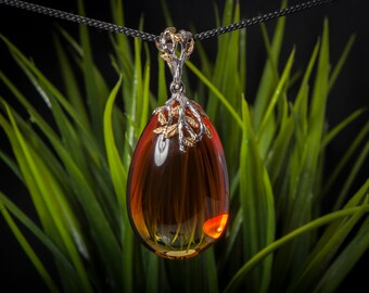 Large Elegant Cognac Baltic Amber Pendant - Natural Rich Ukrainian Jewelry
