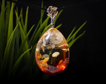 Rare Cognac Glitter Amber Pendant, Luxury Baltic Amber Statement Jewelry in Gold & Sterling Silver, Amber jewelry shop