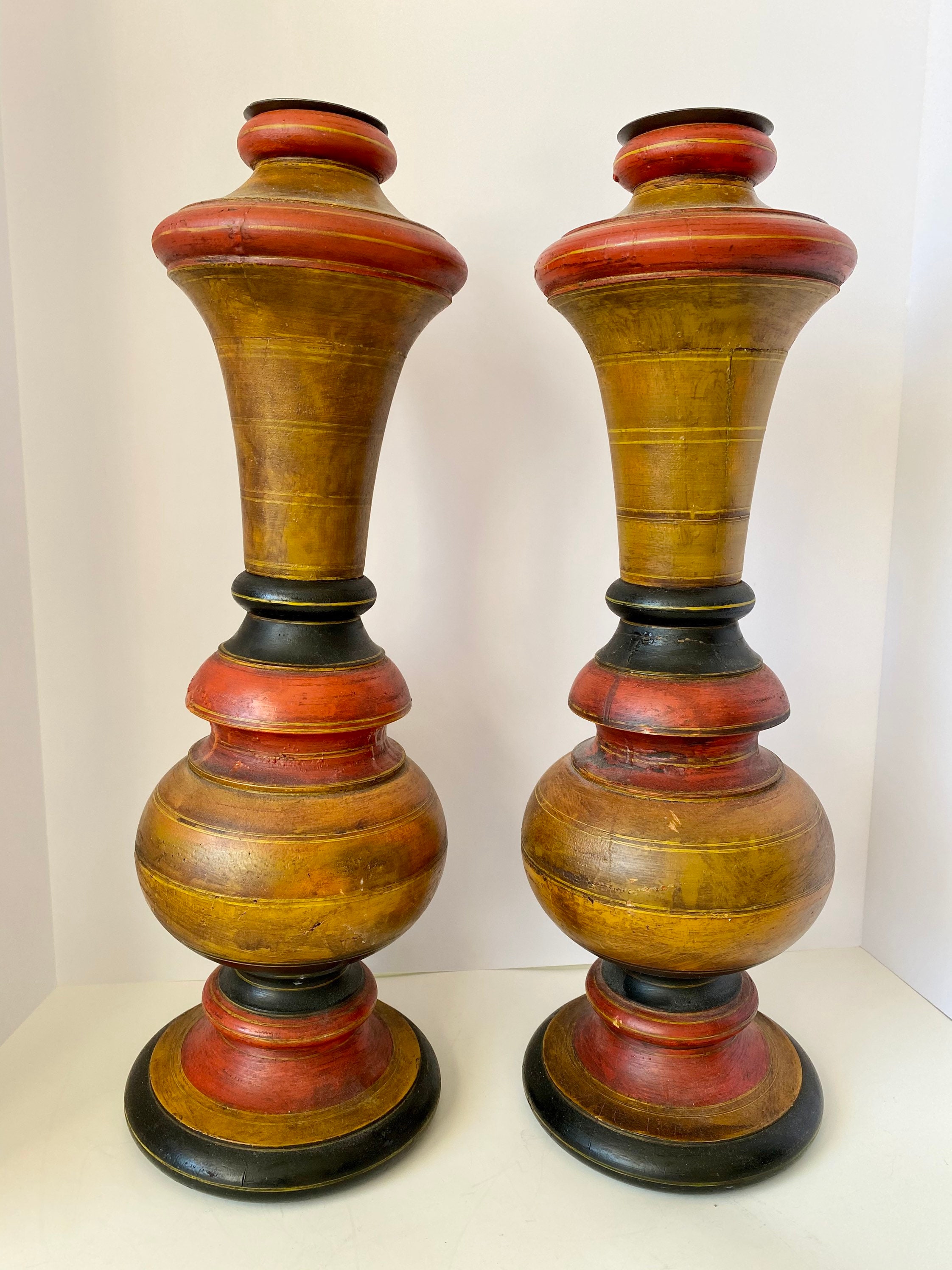 Oversized Extra Large Pair Turned Painted Wood Candle Holders Etsy