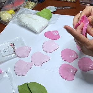 May include: A close-up of a person's hands shaping pink polymer clay petals. The petals are arranged on a white surface, along with a green leaf and a bag of white polymer clay. The bag has the text "Joyful Clay" and "PMC" printed on it.