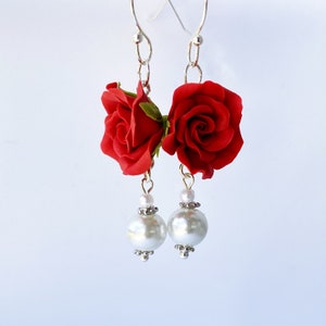 Rose and Glass Pearls  Dangle Earrings