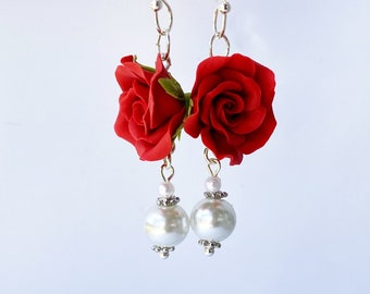 Rose and Glass Pearls  Dangle Earrings