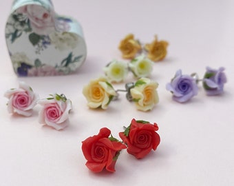 Bright stud earring with miniature flowers and a crystal drop Polymer clay jewelry Wine rose earring burgundy fuchsi\u0430 yellow Handmade flower