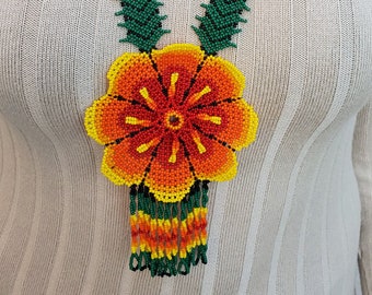 Flower Necklace with Earrings / Mexican Huichol Hand Beaded