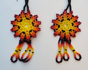 Black, Red, Orange, & Yellow Hand Beaded Earrings/ Huichol Mexican Accessories