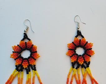 Black, Red, Orange, & Yellow Hand Beaded Earrings/ Huichol Mexican Accessories