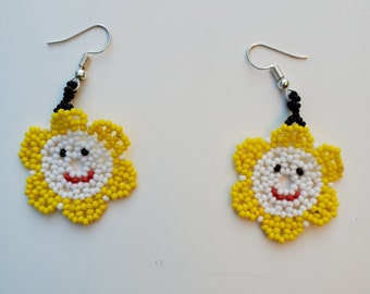 White & Yellow Hand Beaded Earrings / Huichol Mexican Accessories