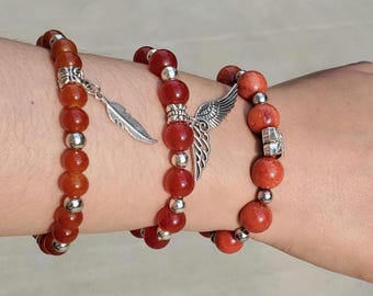 Natural Stone Hand Beaded Charm Bracelet / Red / Orange