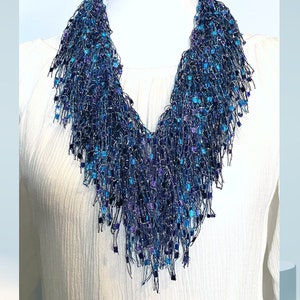 Jean Necklace Accessory, Lightweight Fiber Jewelry Gift, Sparkle Metallic Ribbon Trellis Ladder Shimmer Yarn Bib Scarf