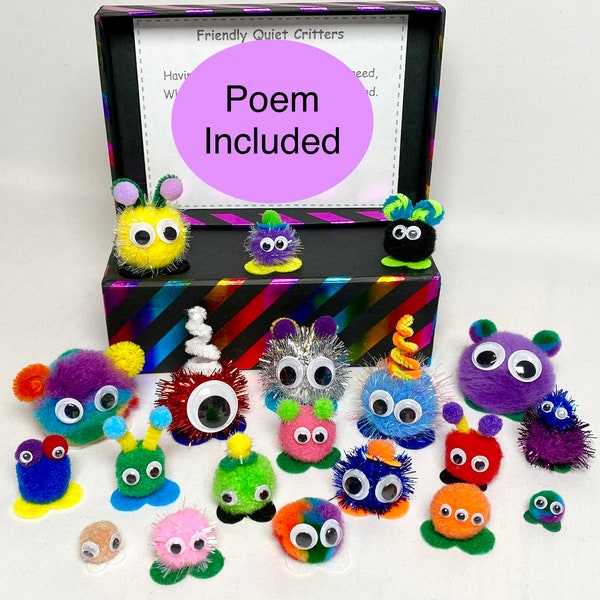 Quiet Critters with Poem and Home, Teacher Gift Classroom Management Help, Homeschool Desk Companion Incentive, Pom Pom Reward (20)