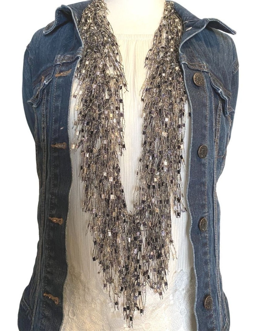 Crocheted Infinity Necklace Scarf, Handmade Ladder Yarn Jewelry