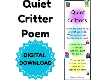 Quiet Critter Bookmark PDF Digital Download Classroom Management Tool